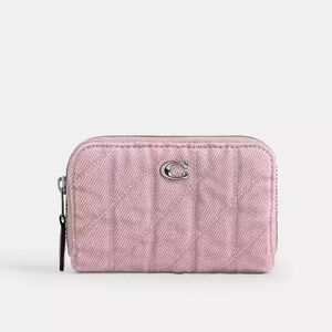 New Coach Essential Small Zip Around Wallet With Quilting In Pink Denim